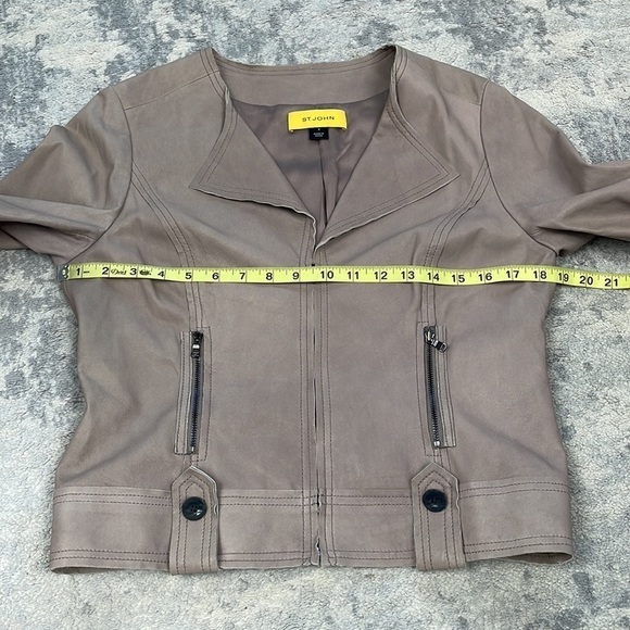 St John Leather Biker Moto Jacket Taupe Neutral 3/4 Sleeve Lightweight Fall 4 - Picture 7 of 13